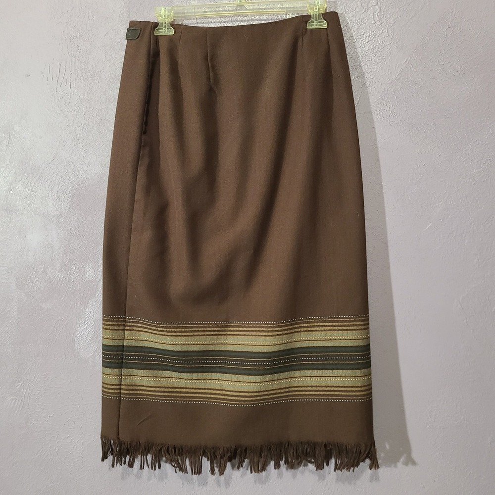 Vintage Sag Harbor Brown Plaid Lined Fringe Blanket Wrap Skirt 8 Petite - Picture 7 of 7